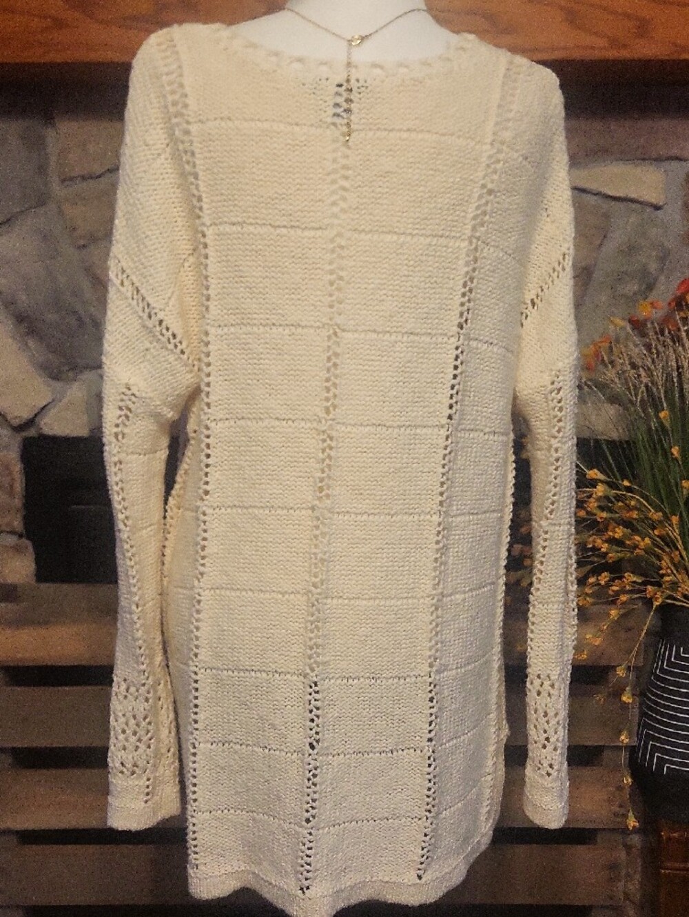 Women's Cream Scoop-Neck Open Knit Sweater With Bonus Necklace - Picture 4 of 14